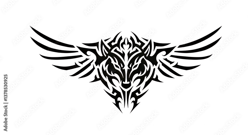 Fototapeta premium Tribal Wolf Tattoo Design with Wings Spreading Outward in Black Ink