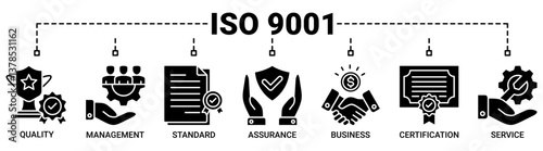 ISO 9001 banner web icon vector illustration concept with icons solid black color symbol background.