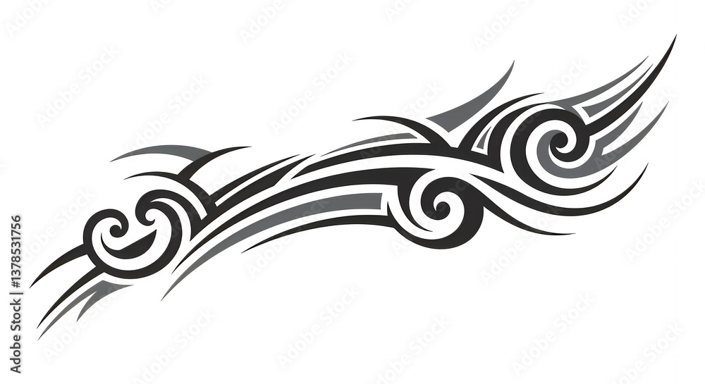 Fototapeta premium Stylized Tribal Tattoo Design with Swirls and Sharp Lines in Black