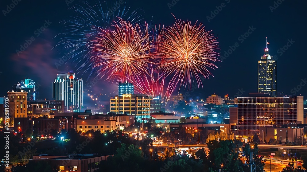 Obraz premium Spectacular Fireworks Display Over Urban Cityscape at Night Illumination