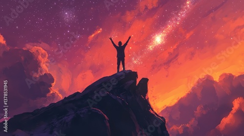 A silhouetted figure stands on a rocky outcrop, gazing up at a vibrant, swirling galaxy filled with stars and colorful nebulae.