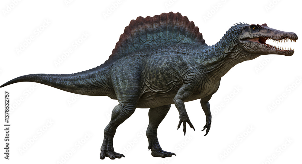 Fototapeta premium Standing Spinosaurus Dinosaur with Large Sail and Sharp Teeth Isolated