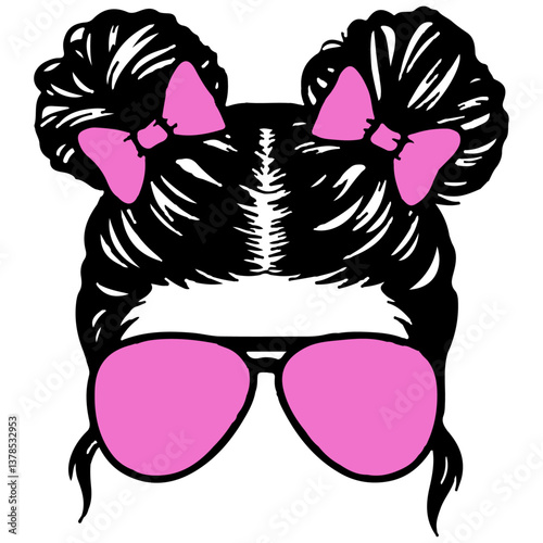Messy Bun Hairstyles, mom Hair vector line art illustration, Heart Sunglass and Tie Bow on white background