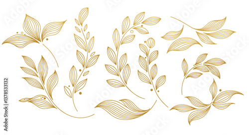Elegant gold leaf illustrations on white.