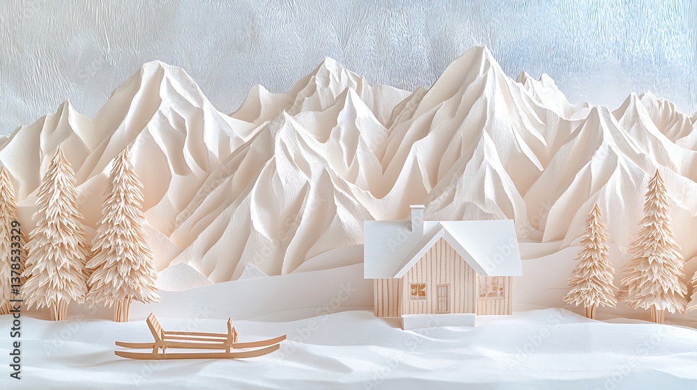 Winter cabin with snowy mountains. (1)