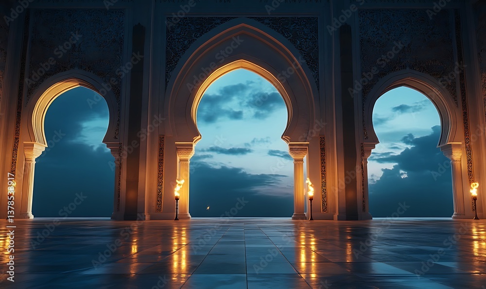 Fototapeta premium Glowing mosque interior with lit torches and detailed archway, creating a sacred ambience under a twilight sky, suitable for Islamic celebration or prayer space-themed visual .