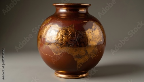 A stunning pottery vase repaired with the ancient Japanese art of Kintsugi, featuring intricate gold veins that glow like the setting sun against the rich hues of the ceramic in the evening light.