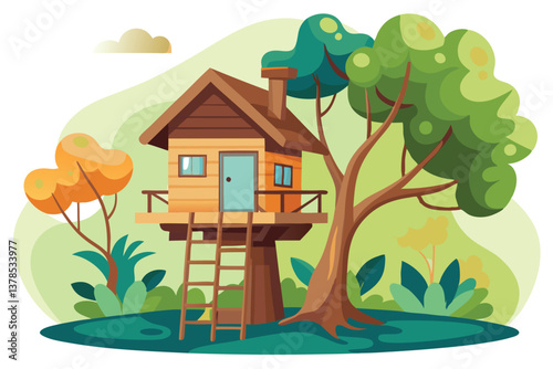 Cartoon Treehouse with Ladder in Green Forest, Whimsical Colorful Adventure