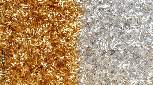 Festive golden and silver tinsel background for Christmas and New Year celebrations, holidays design