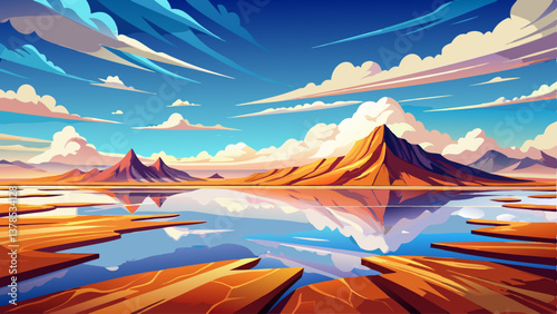 An endless salt flat landscape reflecting the sky like a giant mirror