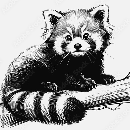 Crimson Guardian of the Forest Red Panda line art drawing ink sketch vector hand drawn illustration background