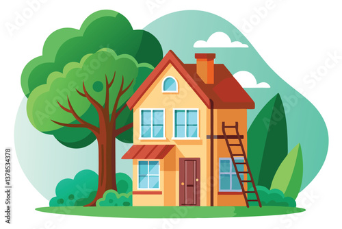 Cartoon TwoStory House with Red Roof, Ladder, and Lush Green Tree Flat Design Style