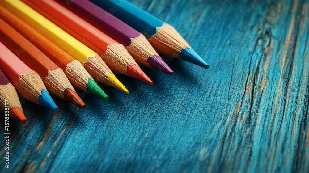 A colorful pencil placed on a wooden table with ample space for text, symbolizing the back-to-school season. Ideal for modern advertising with a focus on education and creativity. A colorful pencil placed on a wooden table with ample space for text, symbolizing the back-to-school season. Ideal for modern advertising with a focus on education and creativity.