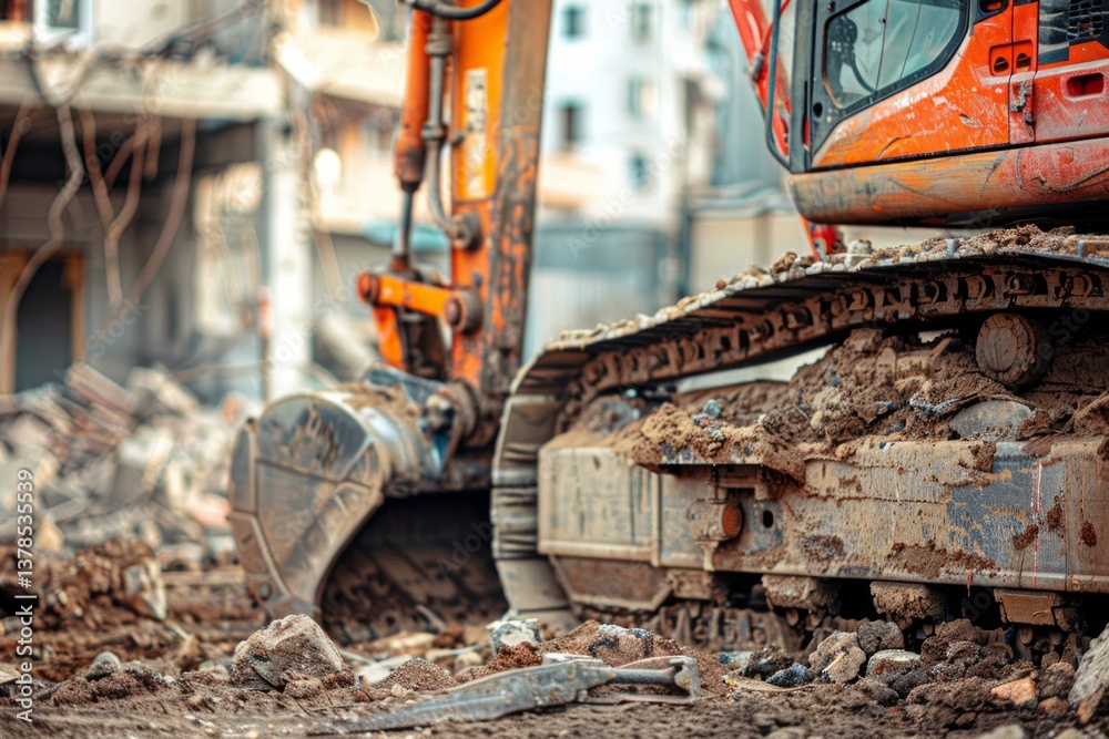 Fototapeta premium An excavator is tearing down a building at a construction site, involving heavy machinery, debris, and demolition work