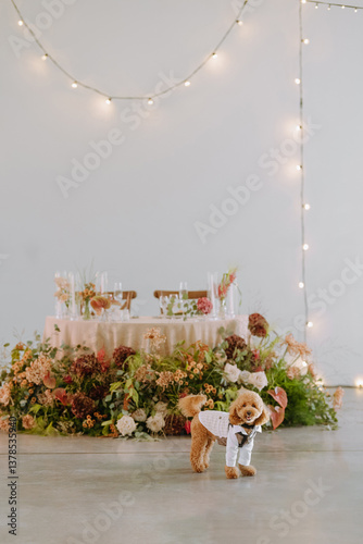 Charming Poodle Dressed for a Festive Celebration in a Floral Setting photo