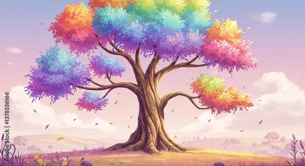 Obraz premium brainstorm sign rainbow tree color colorful watercolor painting illustration design sunset in the forest