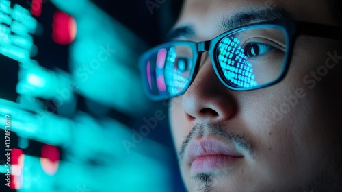 Symbolize of SEO specialist. Focused individual analyzing digital data on screen.