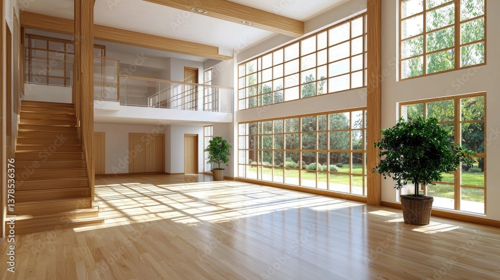 Spacious modern gallery with a blank white wall, natural sunlight creating soft shadows Spacious modern gallery with a blank white wall, natural sunlight creating soft shadows