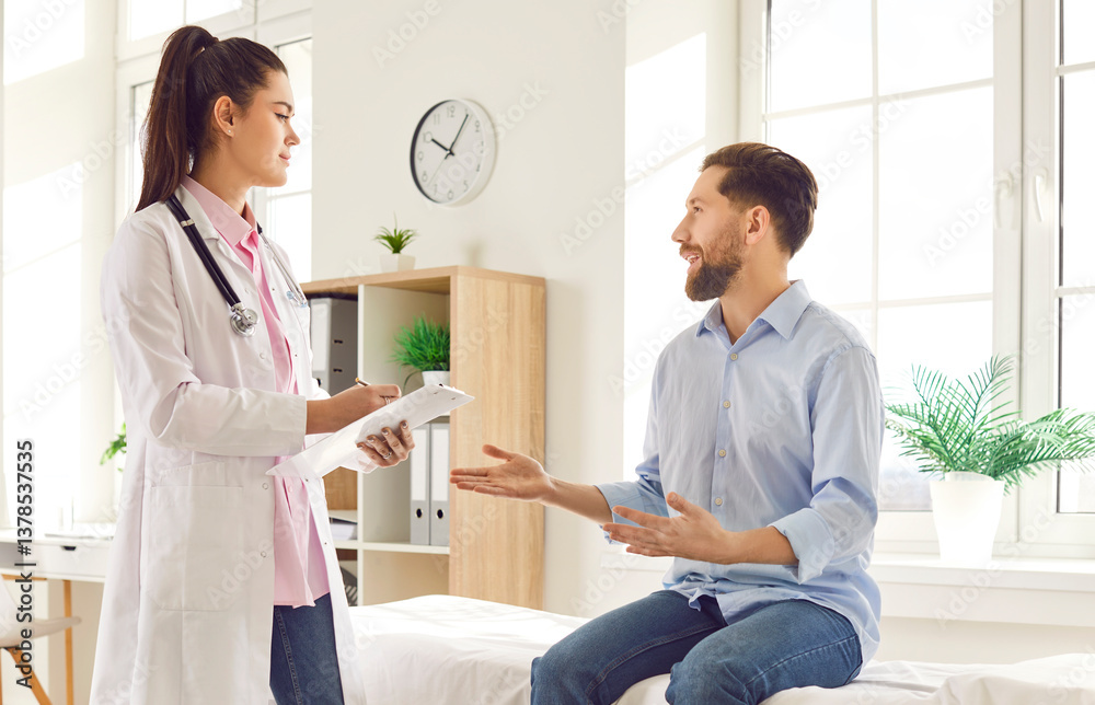 Fototapeta premium Female doctor, consulting male patient in medical office describing symptoms, sharing good lab results, Happy man visit to clinic room, medical care, getting health advice, discussing treatment plan