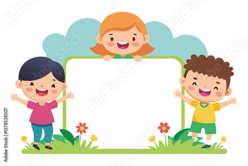 Cheerful Cartoon Kids Smiling Boy Girl Children on Grass with Transparent Background