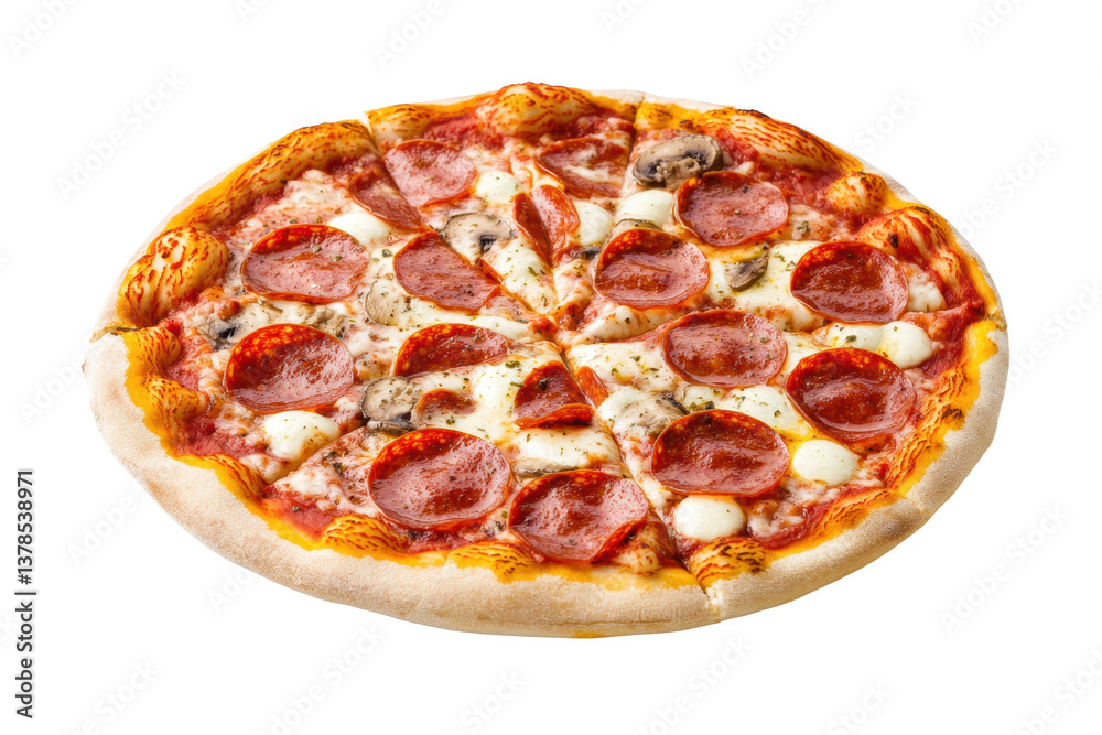 Delicious pepperoni pizza with mozzarella cheese and mushrooms, cut out Delicious pepperoni pizza with mozzarella cheese and mushrooms, cut out