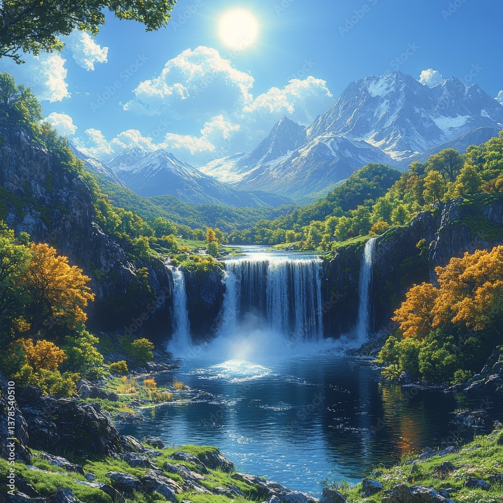 Fototapeta premium Serene mountain waterfall in sunlit valley surrounded by lush greenery