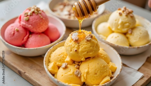 Three ceramic bowls filled with colorful fruity scoops of ice cream in flavors such as strawberry, mango, and lemon