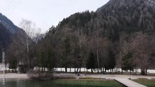Beautiful aerial view Lake Jasna Slovenia near Alpes