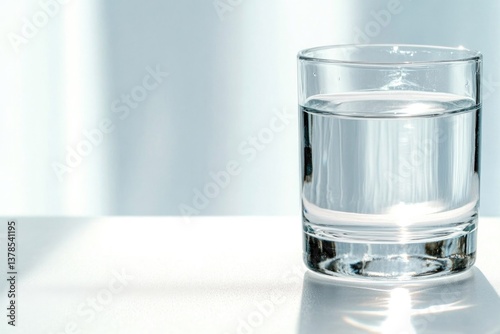 Clear glass filled with water reflects soft light, creating sere photo