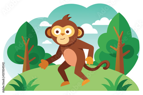 Cheerful Monkey Cartoon on a Green Grass Field with Trees