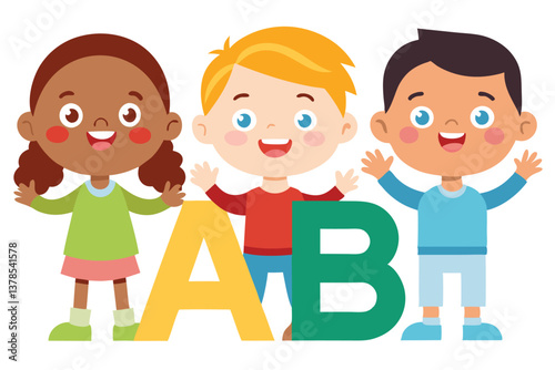 Cheerful Multiethnic Kids Posing with Colorful A B Letters on White Background