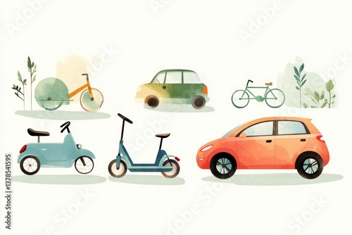 Colorful collection of vehicles including bicycles, cars, and sc