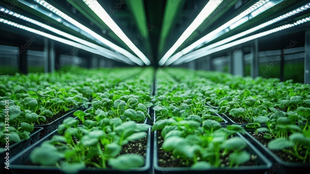 Indoor farm with rows of growing plants under LED lights. Indoor farm with rows of growing plants under LED lights.