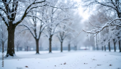 The winter wonderland background depicts a serene snowy landscape, with sparkling icicles hanging from bare tree branches, a blanket of fresh white snow covering the ground