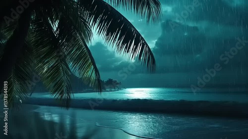 Serene night beach scene with palm trees swaying in the rain under a moody sky