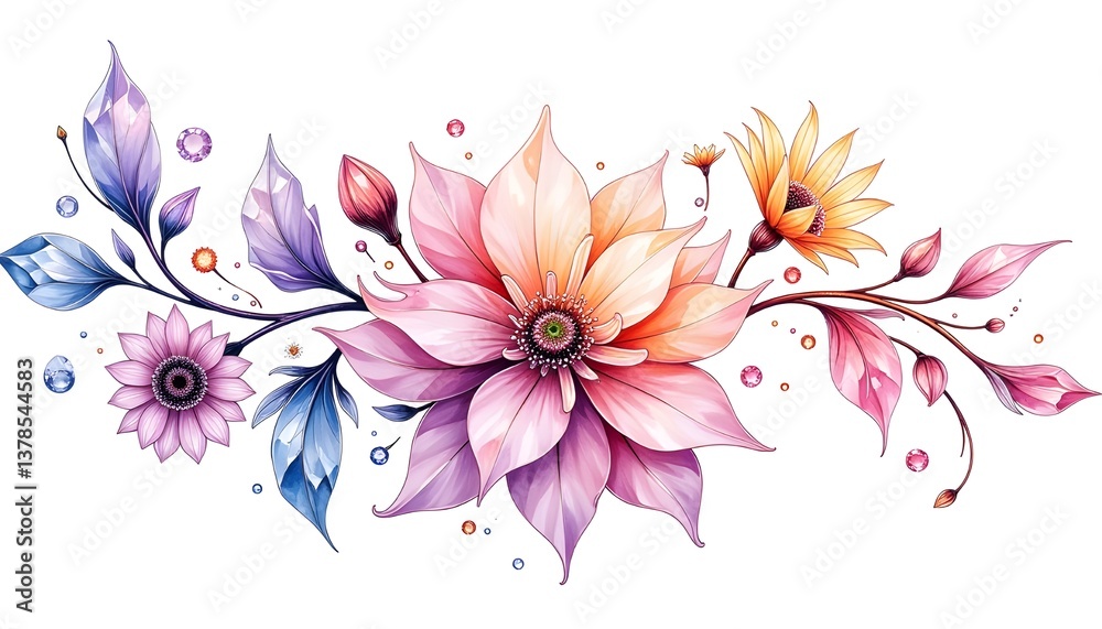 Obraz premium a vibrant and artistic floral arrangement with a mix of stylized flowers in shades of pink, purple, and yellow, complemented by blue and purple crystal-like leaves and scattered gems.
