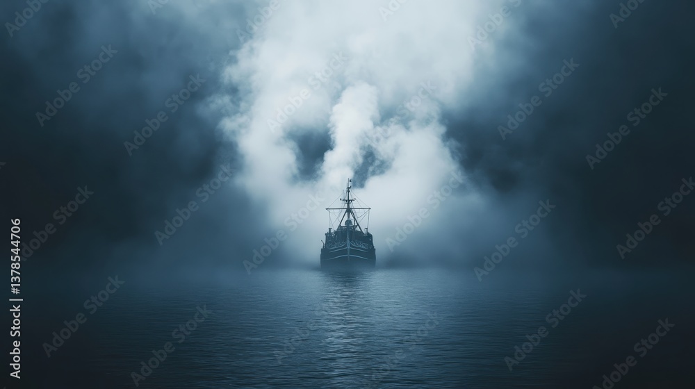 Fototapeta premium Mysterious sailing ship navigates through early morning fog over calm waters at dawn