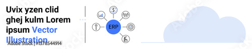 ERP at the center with icons for money, graph, gear, and cloud representing processes. Ideal for business management, process optimization, automation, finance tools, cloud technology IT processes