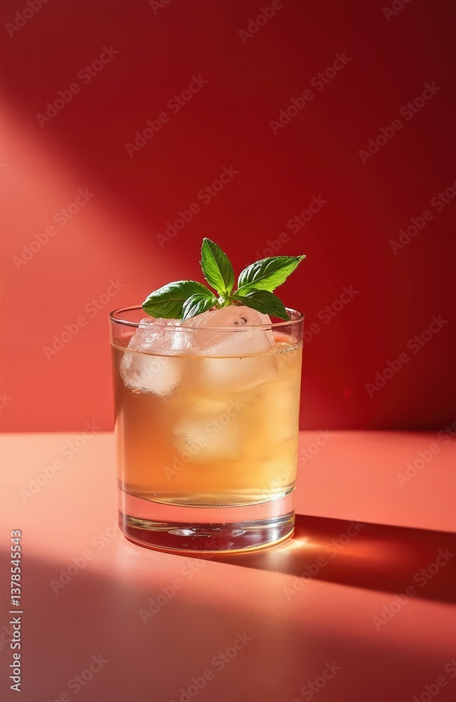 Gin cocktail with basil leaf garnish in rocks glass on red background. Refreshing alcoholic beverage with ice, basil. Trendy drink for restaurant, bar menu, cocktail party. Gin cocktail with basil leaf garnish in rocks glass on red background. Refreshing alcoholic beverage with ice, basil. Trendy drink for restaurant, bar menu, cocktail party.