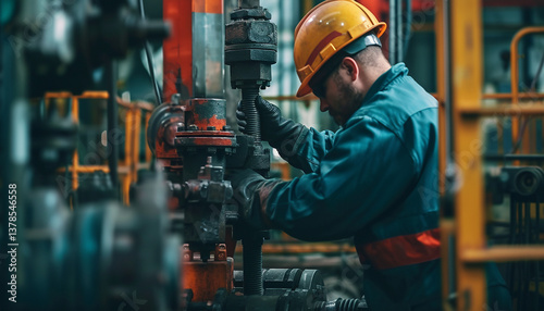 Focused Oil Rig Worker Inspecting Industrial Valve Machinery