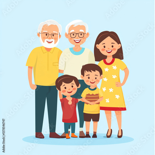 Happy Multigenerational Family Portrait Grandparents, Parents, and Children Illustration