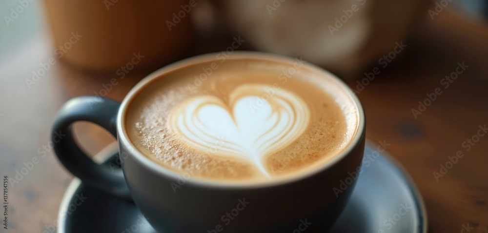 Elegant latte art in black ceramic cup with heart-shaped foam design stands on wooden surface. Stylish beverage offers warm cosy morning leisure, refreshment. Ideal for cafe menu tech or coffee shop. Elegant latte art in black ceramic cup with heart-shaped foam design stands on wooden surface. Stylish beverage offers warm cosy morning leisure, refreshment. Ideal for cafe menu tech or coffee shop.