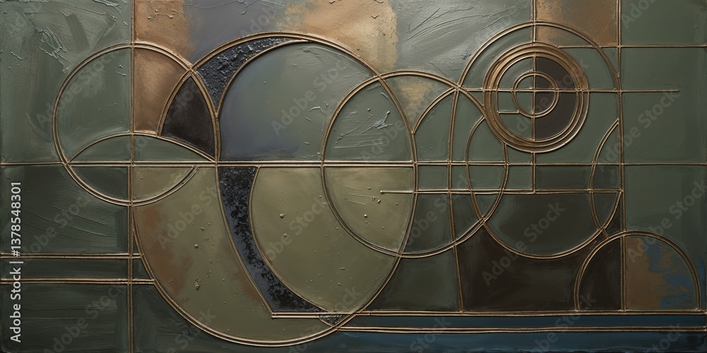 Moody Green and Gold Geometric Abstraction with Concentric Circles and Linear Details