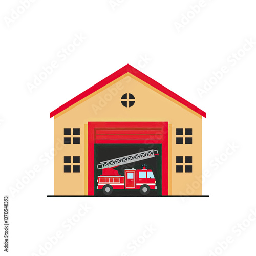 Red Fire Truck at Station: Illustrative depiction of a fire station with a red fire truck ready for action, symbolizing readiness and community service.