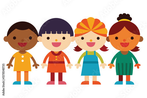 Diverse Cartoon Kids Standing Together with Joyful Expressions on a White Background