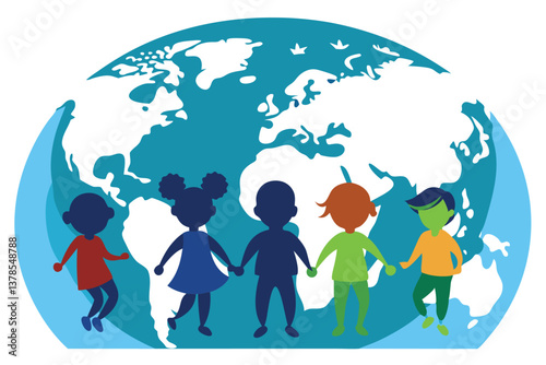 Diverse Children Holding Hands Around Globe, Silhouette Style, Unity,