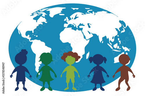 Diverse Children Silhouettes with Colorful Figures Overlaid on Globe