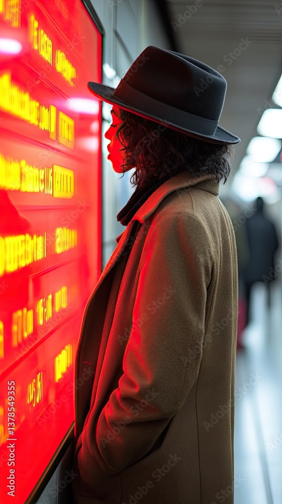 Obraz premium Woman viewing bright red digital display in subway