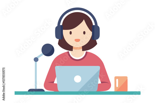 Flat Design Brunette Woman with Headphones using Laptop and Microphone on Table