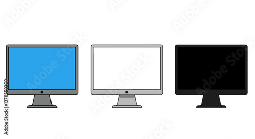 Three computer monitors with different screen colors.